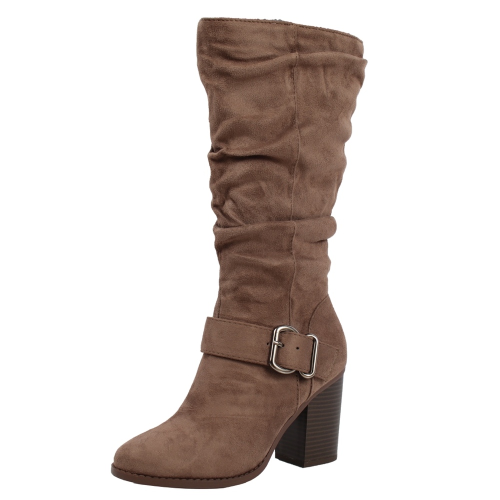 Taupe Faux Suede Slouchy Stacked Heel Knee High Bo - Picture 2 of 6